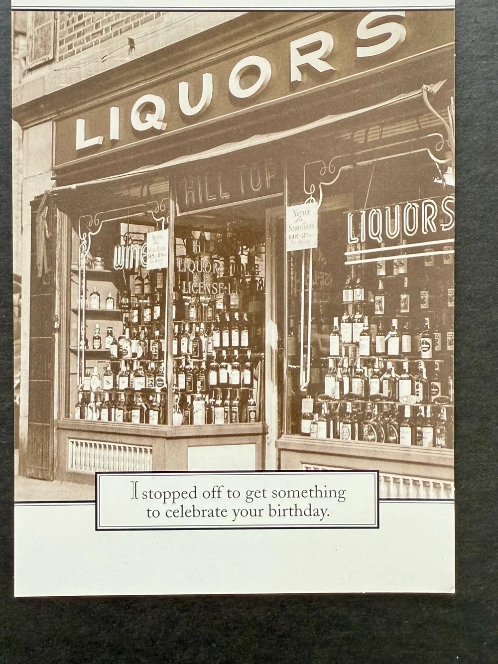 Vintage Liquors Storefront Sepia Photo Print Birthday card.